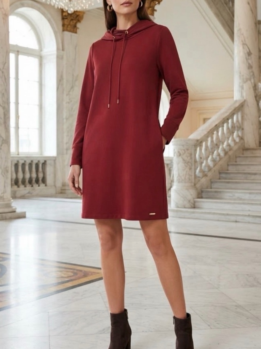 Calvin Klein Burgundy Hooded Long-Sleeve Mini Dress Size S